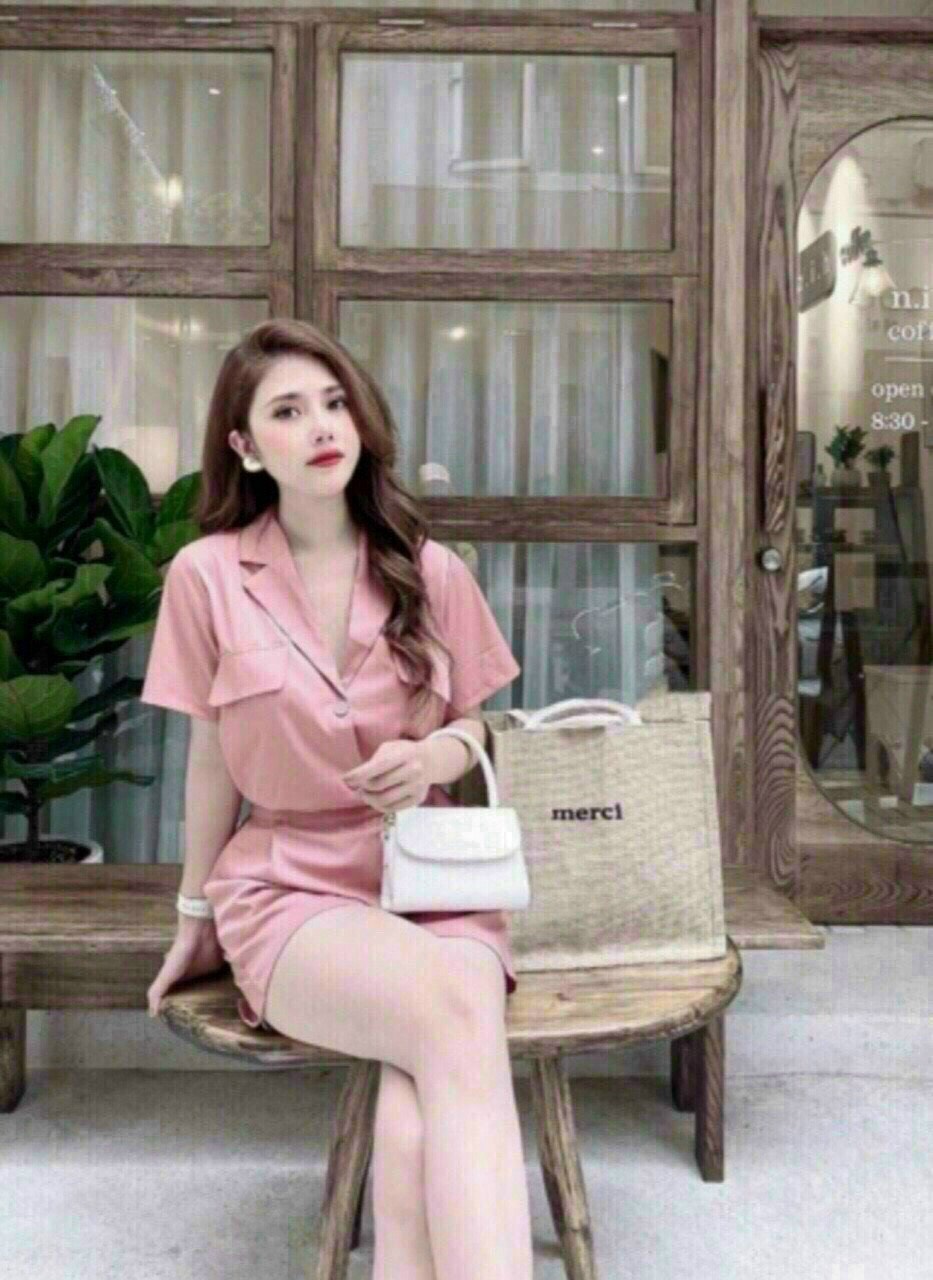 TSL- set bộ vest đùi, áo tay ngắn cổ sơ mi có túi giả kèm quần đùi vải for (nude, đen, hồng) thời trang công sở QC