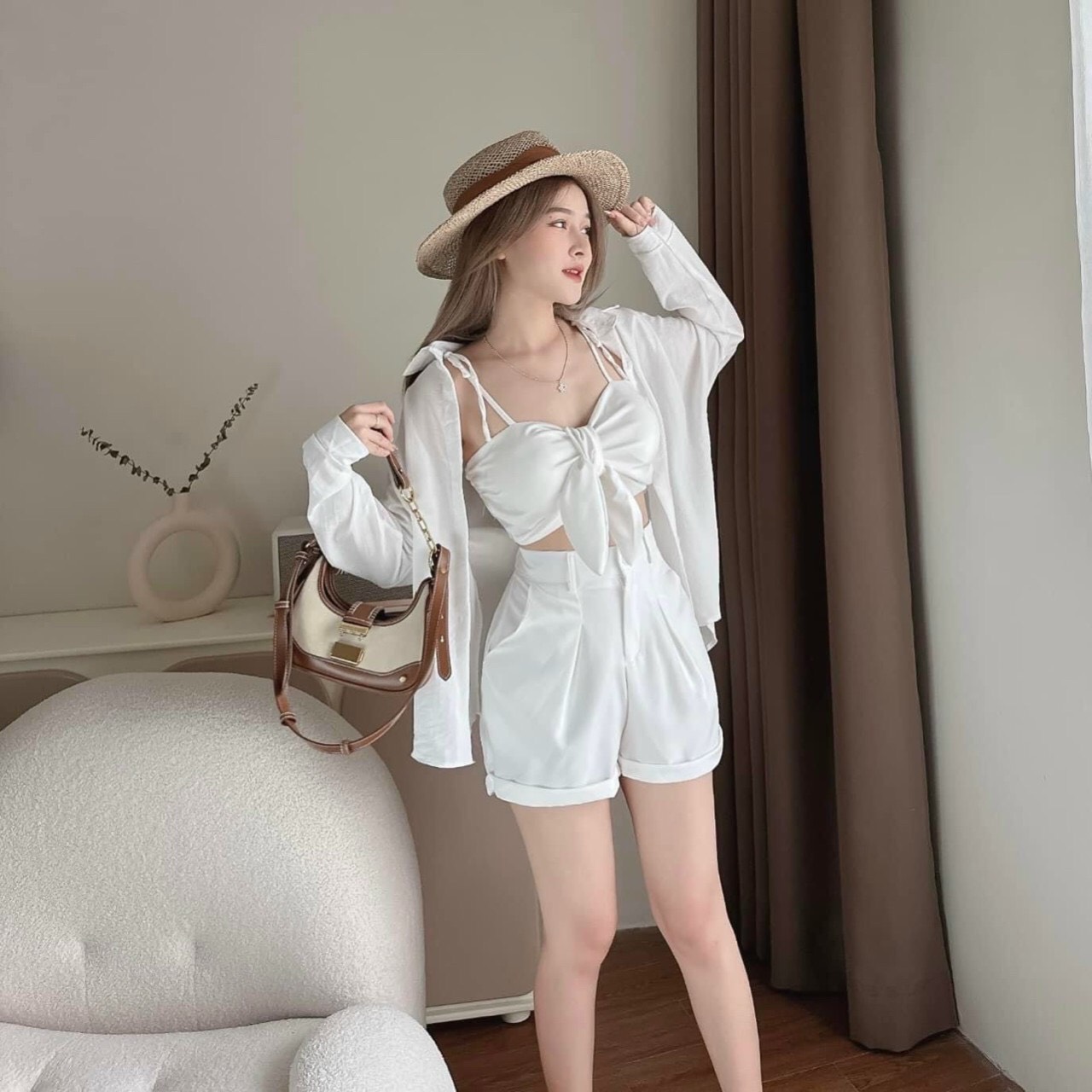 Sét bộ đồ nữ 3 món áo trong cột nơ cực ky đẹp ( có mút)