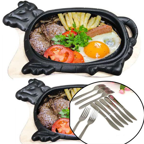 Bộ 2 Chảo Gang Bò Né + 2 Đế Gỗ + 2 Dao + 2 Nĩa Loại Tốt