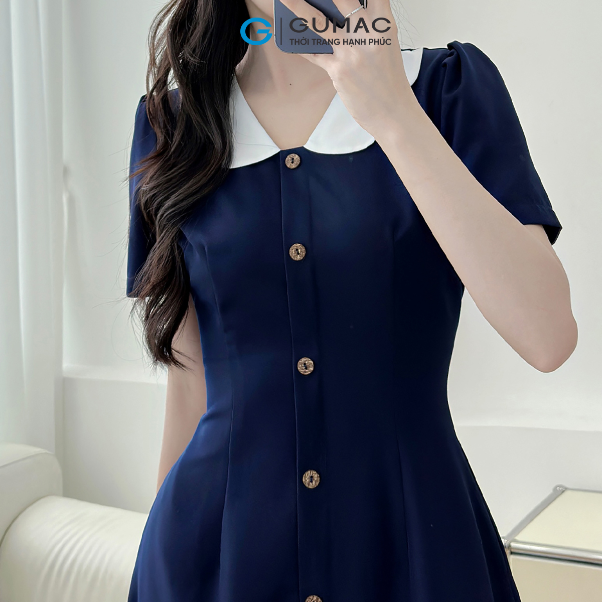 [MUA 2 GIẢM THÊM 50K] Đầm Dáng A Nữ GUMAC Váy Công Sở Phối Bâu Trắng Dáng Dài Qua Gối LDD1214