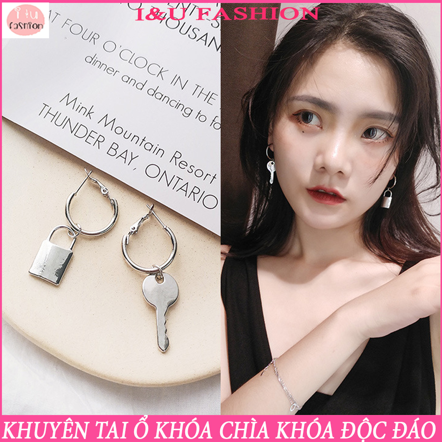 Khuyên tai bông tai được thiết kế kiểu dáng ổ khóa và chìa khóa kim loại màu bạc vô cùng cá tính độc đáo , Phù hợp đeo theo đôi , theo nhóm KT-81