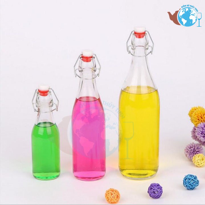 Combo 3 chai thủy tinh nắp gài 250ml; 500ml và 1 lít cao cấp - chai tròn nắp gài sắt kín 3 size- 3 chai thủy tinh