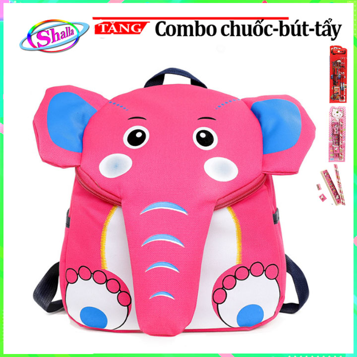 Balo cho bé trai bé gái đi học mẫu giáo cao cấp hình chú voi nhiều màu đáng yêu Shalla tặng combo 4 món
