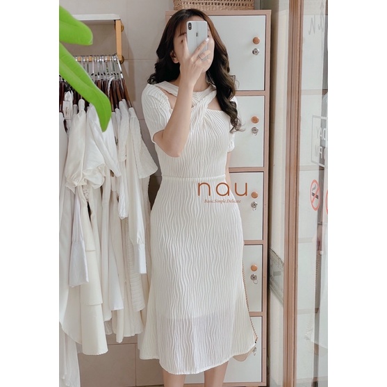 Đầm đi tiệc cổ chéo vải gân sợi