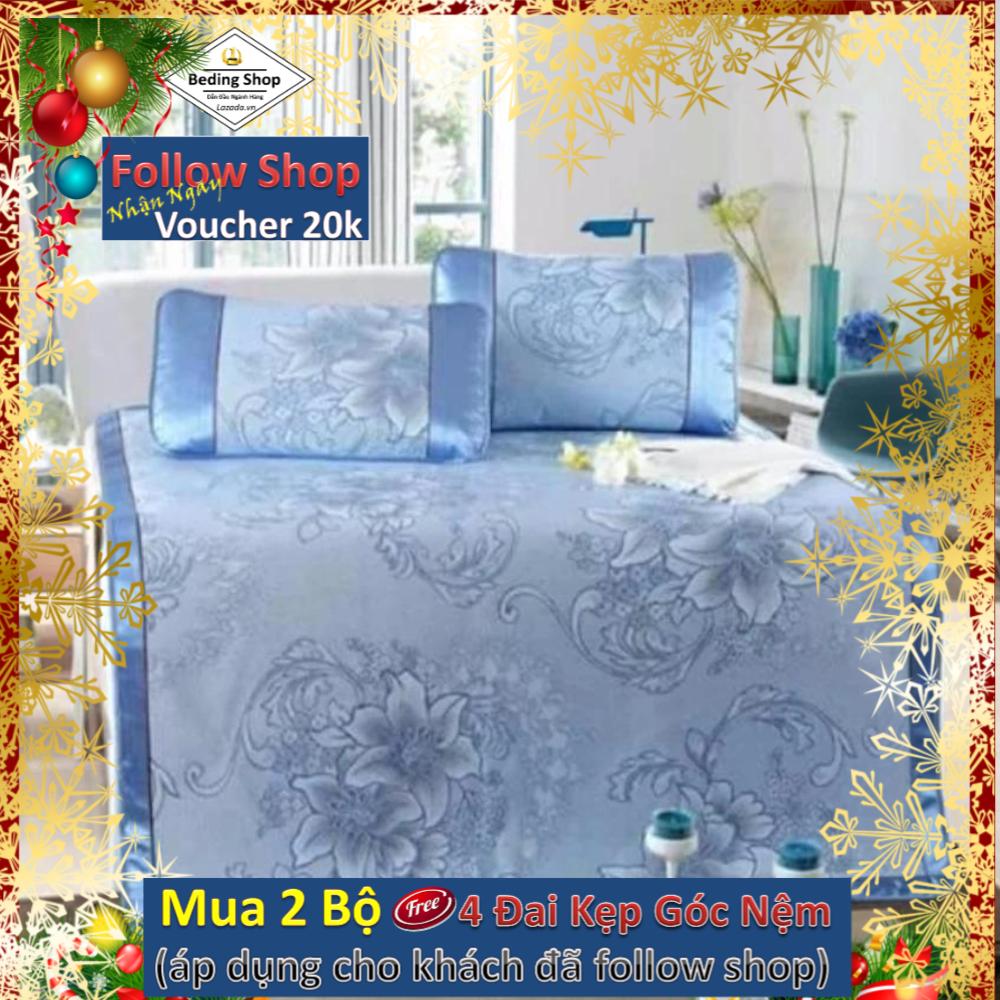 Chiếu Lụa Điều Hòa Cao Cấp Hoa Hồng xanh - HLS2003175 Chiếu 1.6 x 2m kèm 2 vỏ gối