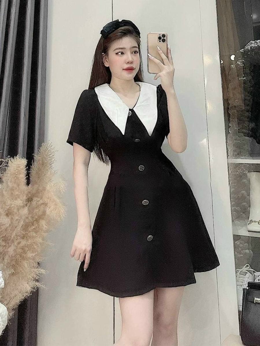 Đầm đen cổ trắng nút trước