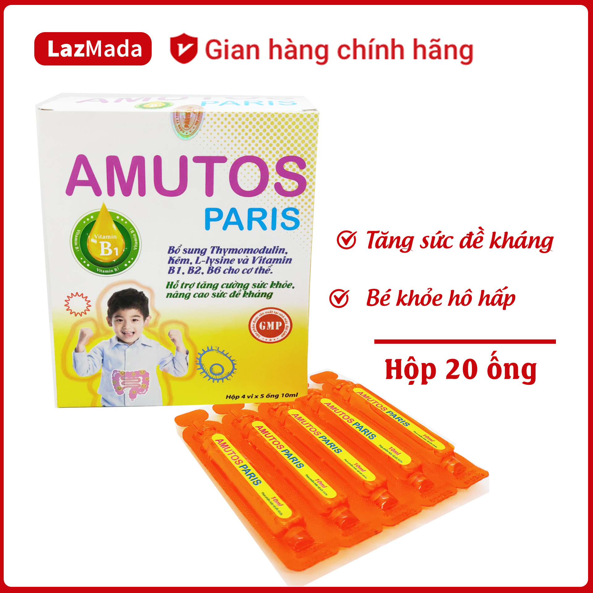 Siro AMUTOS Paris - Bổ sung Thymomodulin, Taurin, kẽm, vitamin - Giảm nguy cơ mắc bệnh hô hấp, mũi, họng; tăng cường sức đề kháng cho bé - Hộp 20 ống 10ml đạt chuẩn GMP Bộ y tế