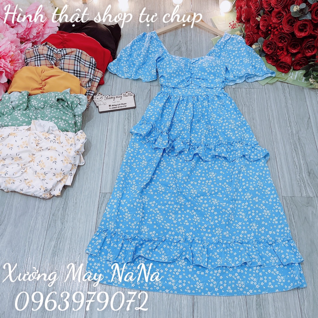 Maxi thiết kế hoa nhí có mút ngực (hình thật +video)