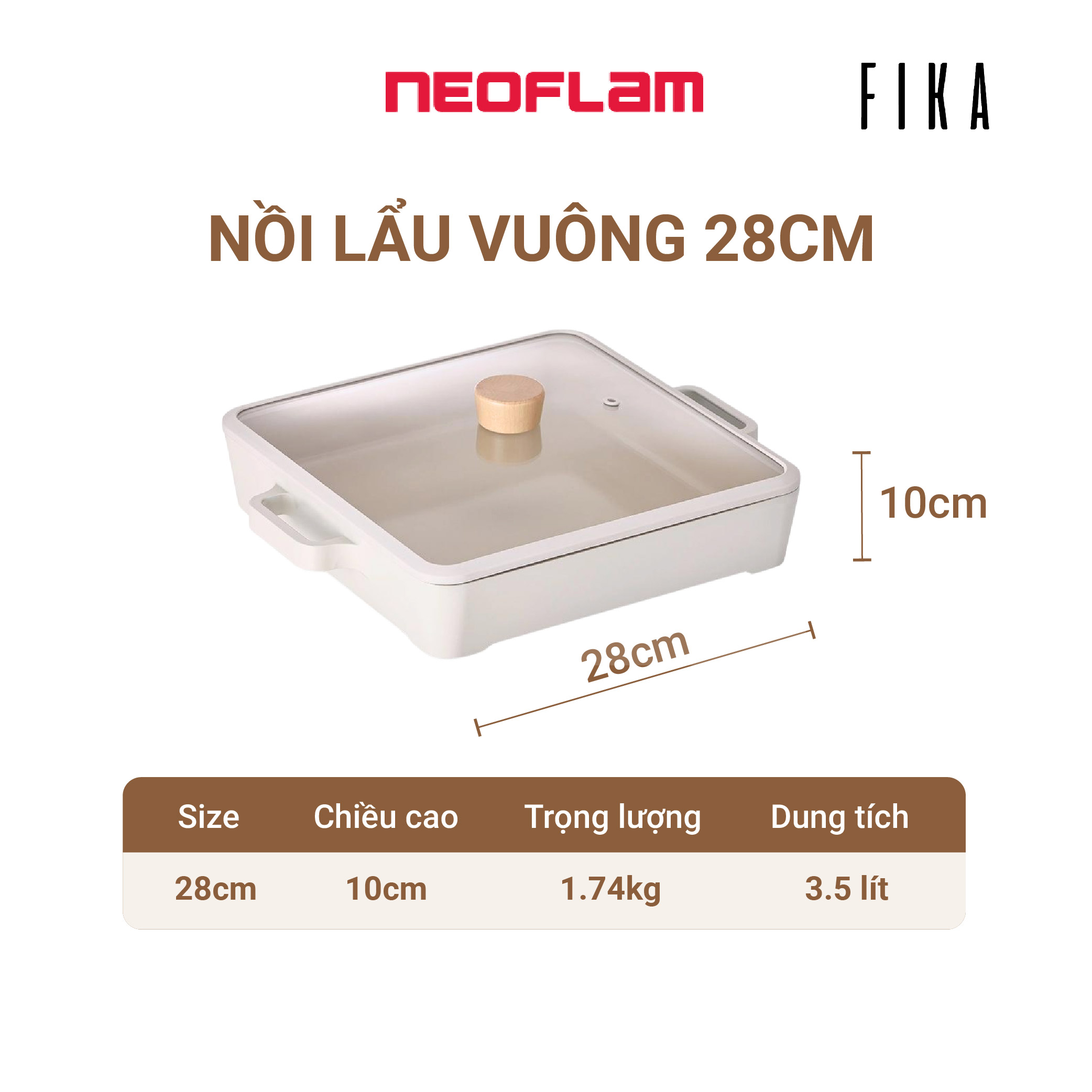 Nồi lẩu vuông Fika Neoflam 28cm - Hàn Quốc. Hàng có sẵn, giao ngay. Màu trắng ngà