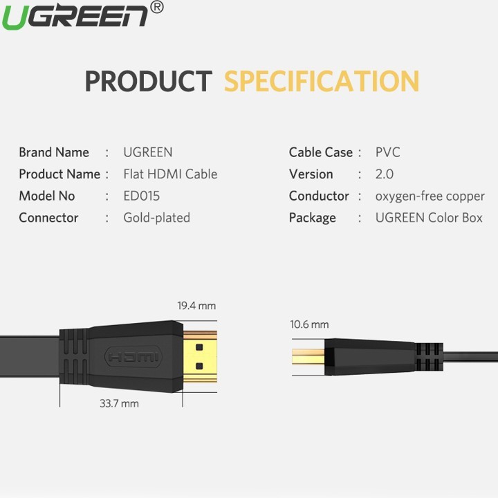 Cáp HDMI 2.0 Dây Dẹt Siêu Mỏng Dài 5 Mét Ugreen 50821