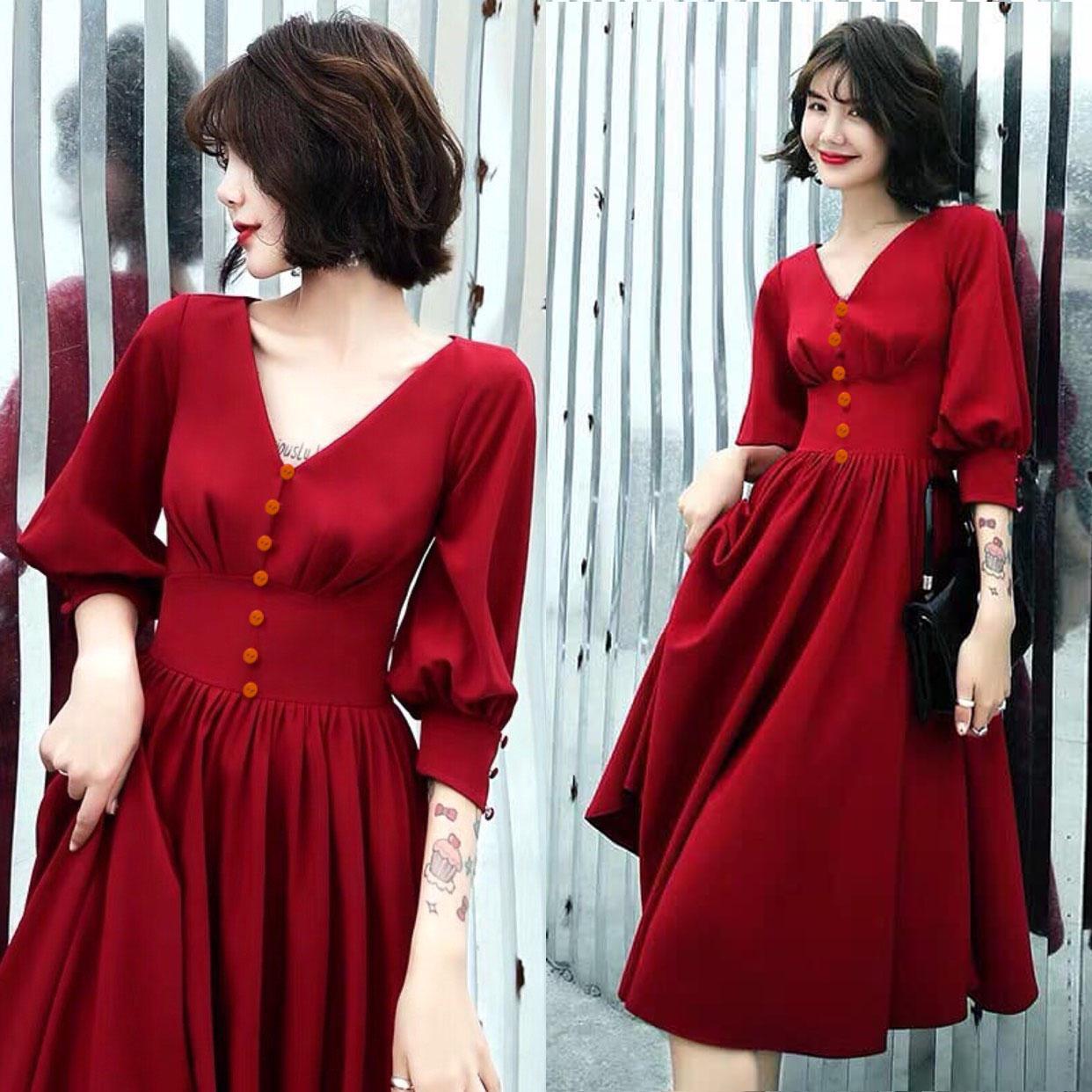 [HCM]Đầm Cổ V Phối Nút