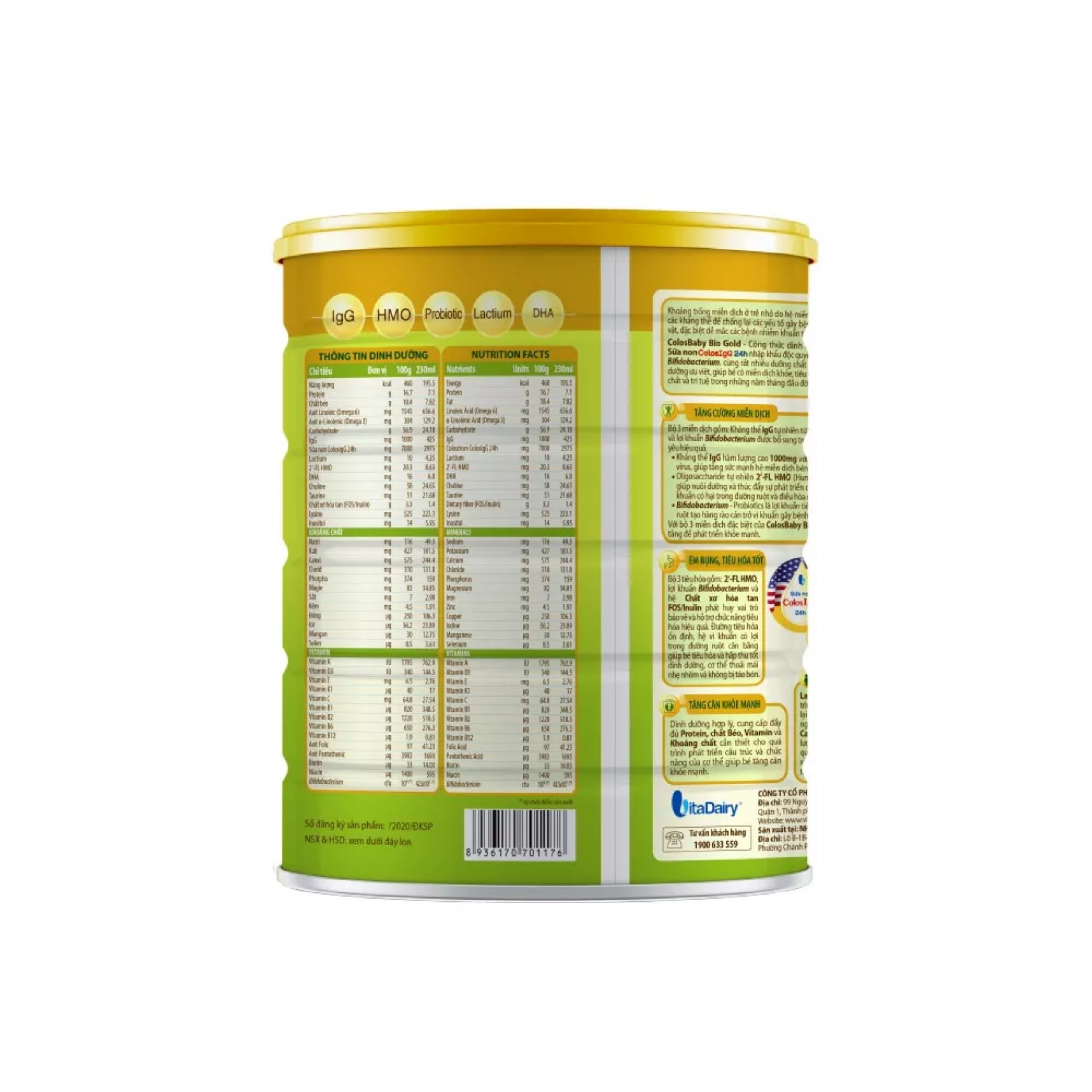 (HSD T6-2027) (Quét Mã QR Tích Xu) Sữa Bột Vitadairy Colosbaby Bio Gold 2+ Lon 800g.