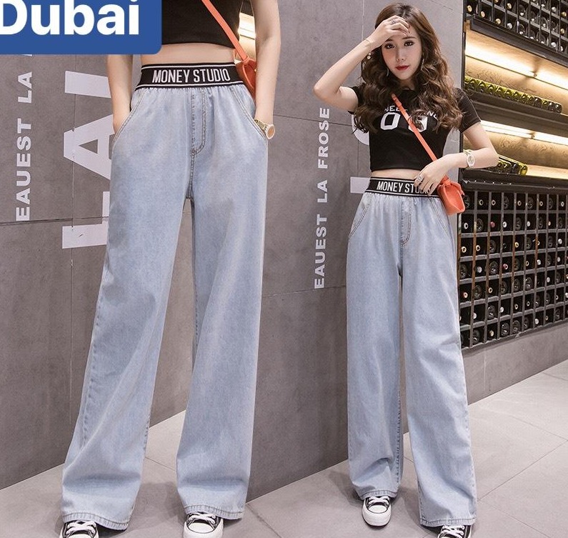 QUẦN BAGGY JEAN NỮ CHẤT BÒ ỐNG SUÔNG RỘNG XANH DÀI LƯNG THUN CẠP CHUN CHỮ LƯNG CAO NÂNG MÔNG HOT TREND DB-28 CAO CẤP - DUBAI FASHION