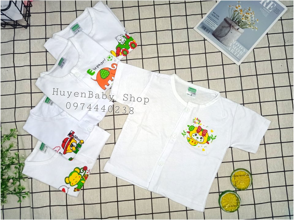 Bộ 5 Áo sơ sinh Bosini tay ngắn, màu trắng, cúc giữa cho bé từ 0-12 tháng