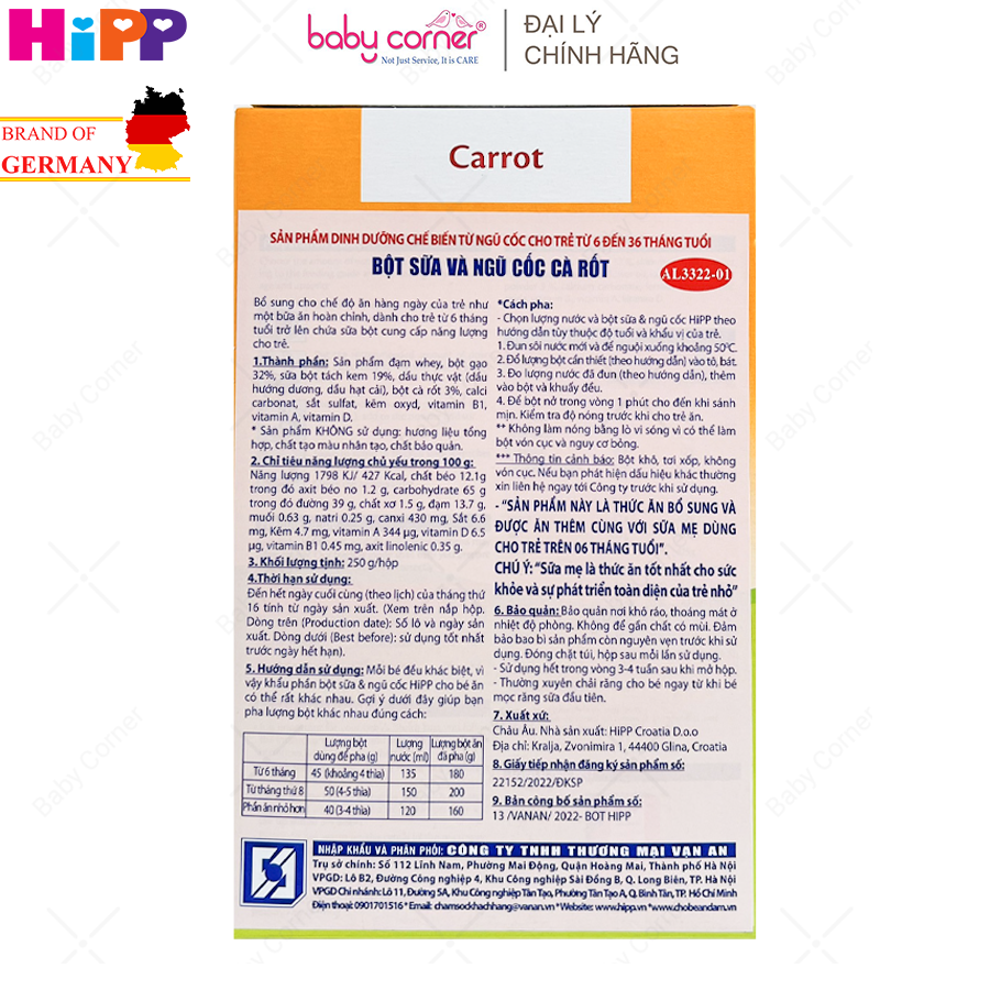 [HCM] [HSD: 31/08/2024] Bột Ăn Dặm HIPP vị Rau Củ Cà rốt (cho bé 6-36 tháng) - hộp 250g