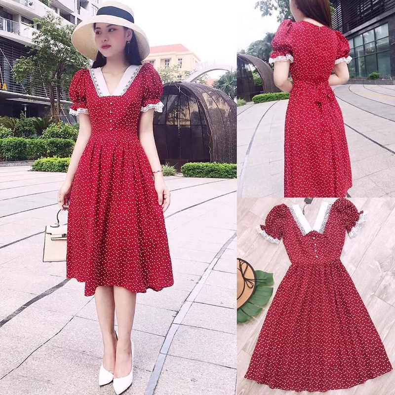 Váy đầm đỏ hoa nhí thời trang Hoa Anh Đào dáng xòe cổ tim phối ren tay ngắn bồng phù hợp đi chơi dự tiệc size từ 40 - 52kg