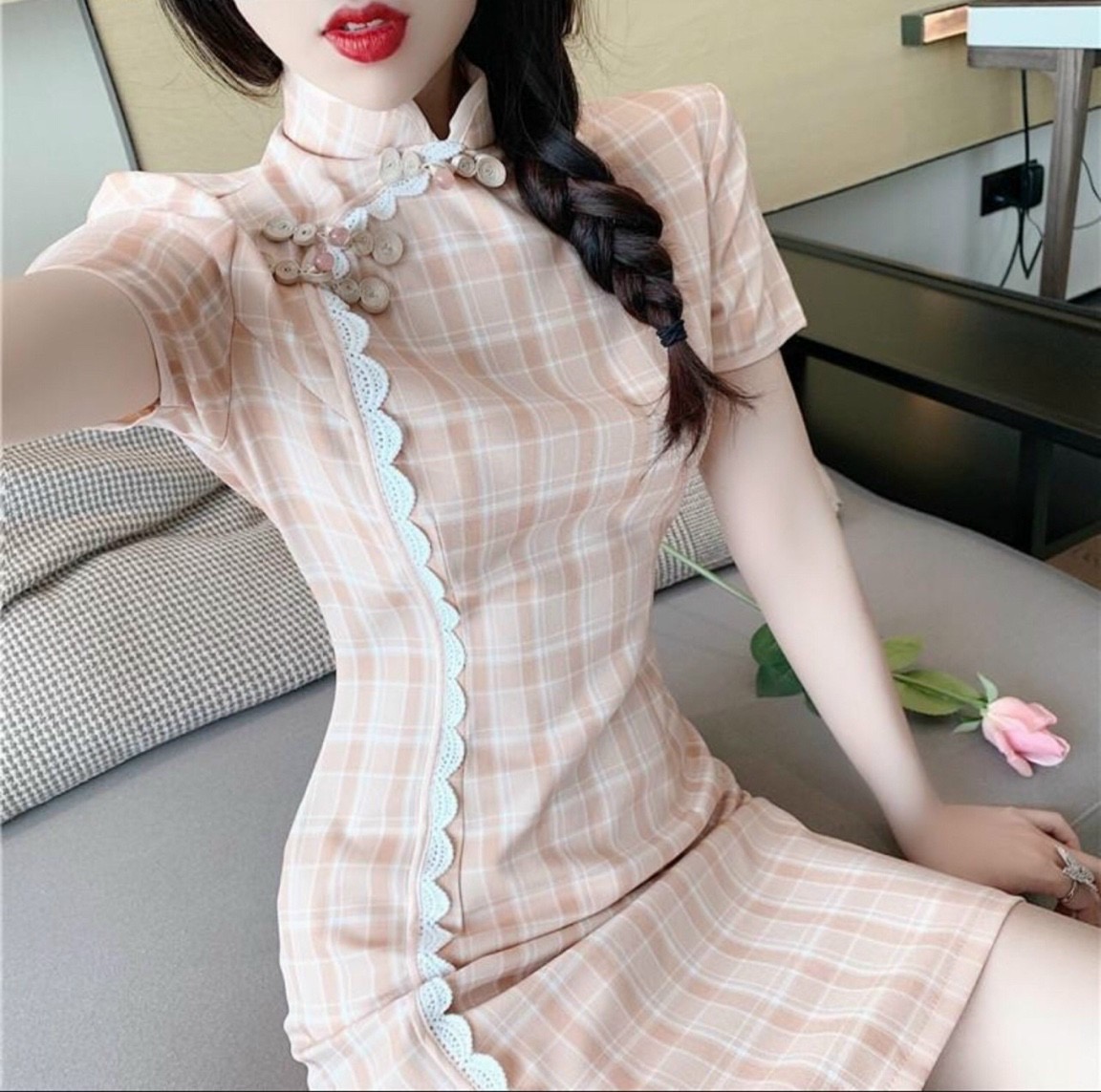 Đầm sườn xám hoạ tiết sọc caro siêu xinh