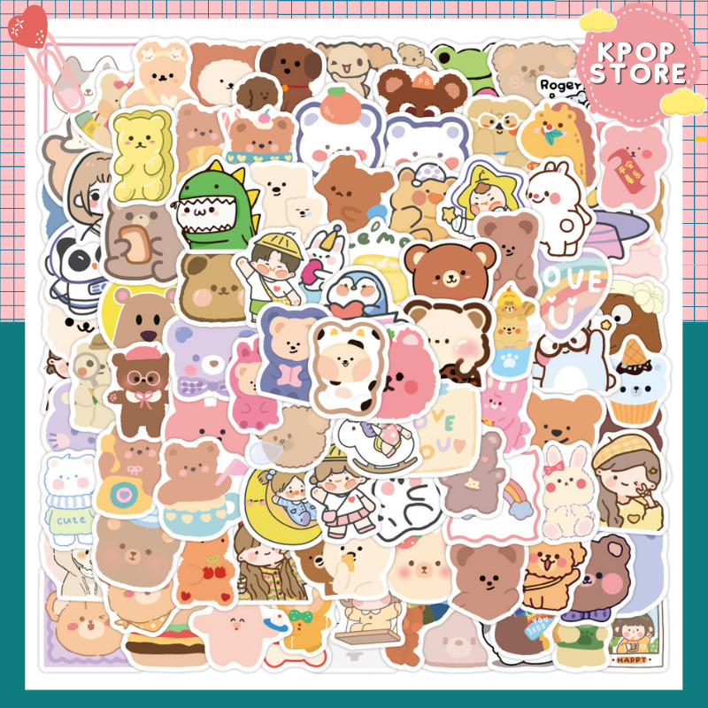 Set 100 Sticker Dán Hình Gấu Nhiều Màu Dễ Thương