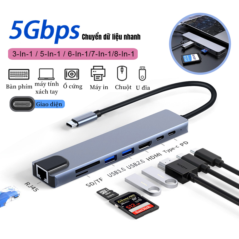 HUB Type C Tốc Độ Cao, Cổng chuyển đổi HUB USB Type-C Đa Năng to HDMI,USB 3.0,SD,TF,RJ45,PD Cho Laptop,Truyền Dữ Liệu Siêu Tốc