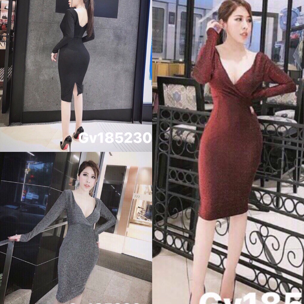 Đầm body thun nhũ kim sa cổ v