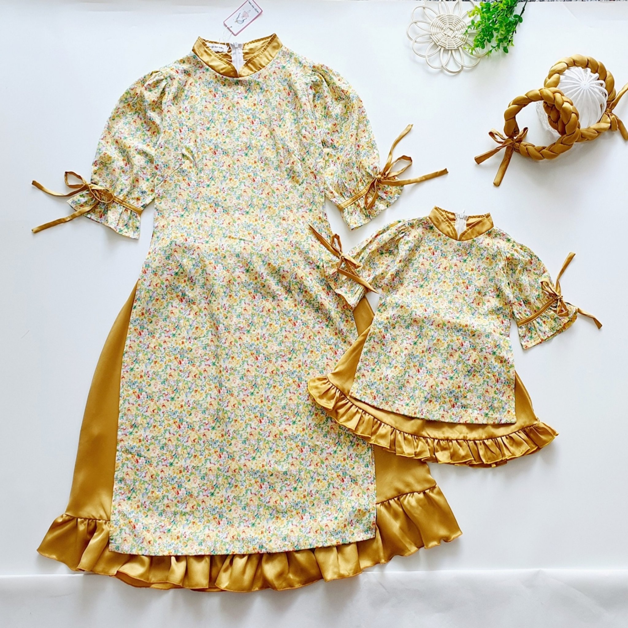 Traditional Ao Dai # Pink Flower Ao Dai for Mother and Baby # Mother and Baby Ao Dai