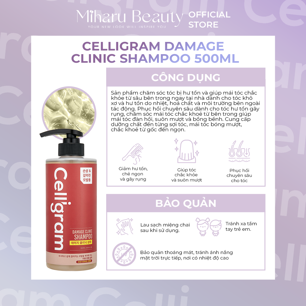 Dầu gội phục hồi chuyên sâu dành cho tóc hư tổn gãy rụng - Celligram Damage Clinic Shampoo 500ml