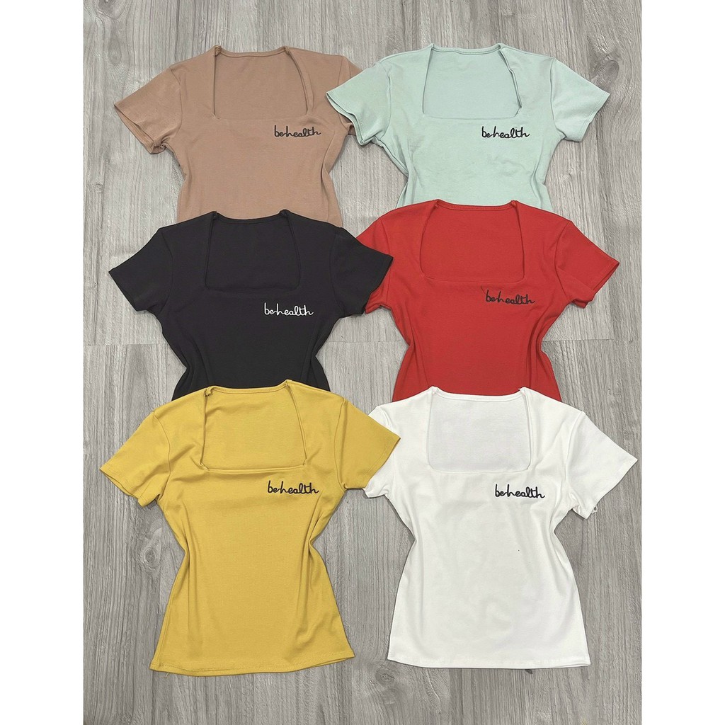 Áo cổ vuông tay ngắn thêu chữ viền cổ cực xinh chất thun bozip mềm mịn ( ảnh thật )