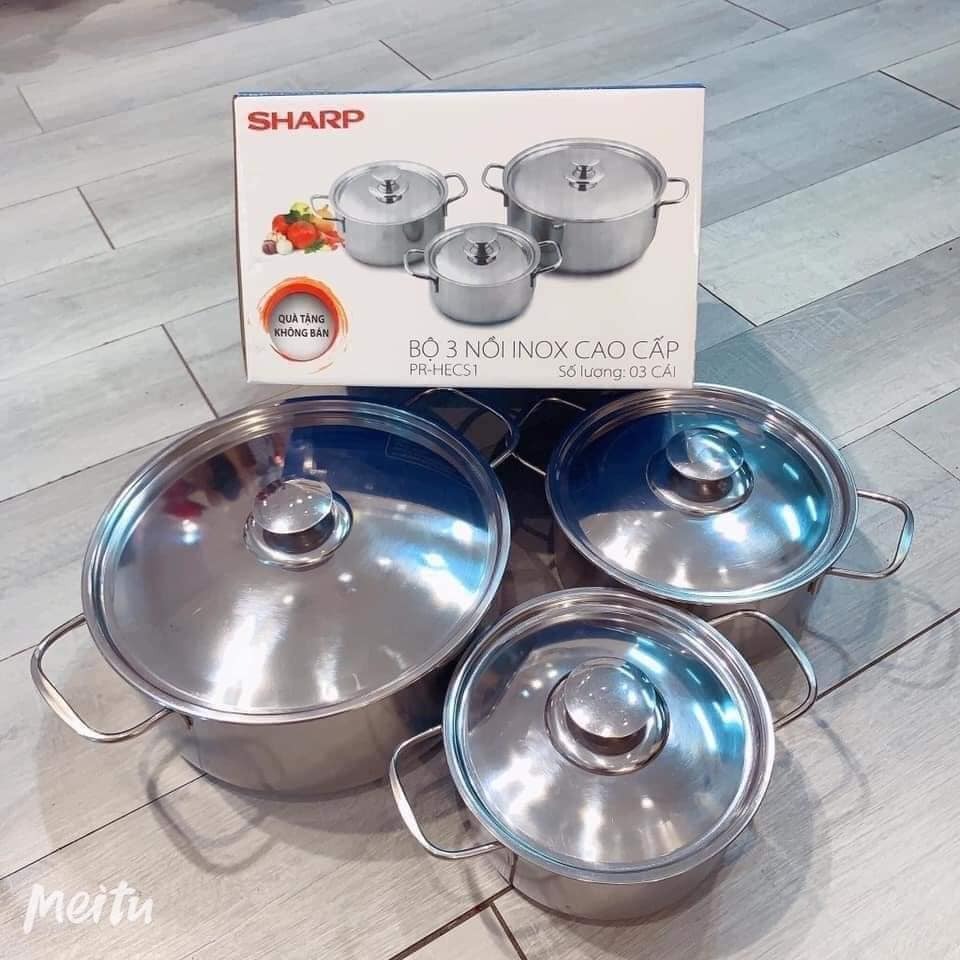 Bộ 3 nồi inox sáng bóng SHARP và SONY nắp inox 24cm 18cm 16cm dùng được bếp từ và mọi loại bếp bộ nồi inox chắc chắn cao cấp