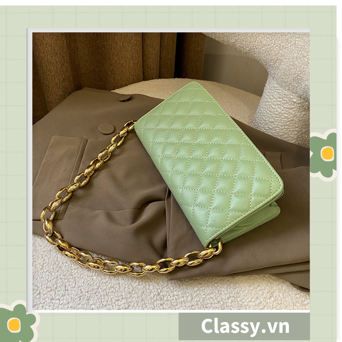 Classy TÚI KẸP NÁCH NỮ CLASSIC, HÌNH HỘP VUÔNG HOẠ TIẾT CHẦN Ô, KHÓA XÍCH VÀNG TO BẢN RẤT SANG T594