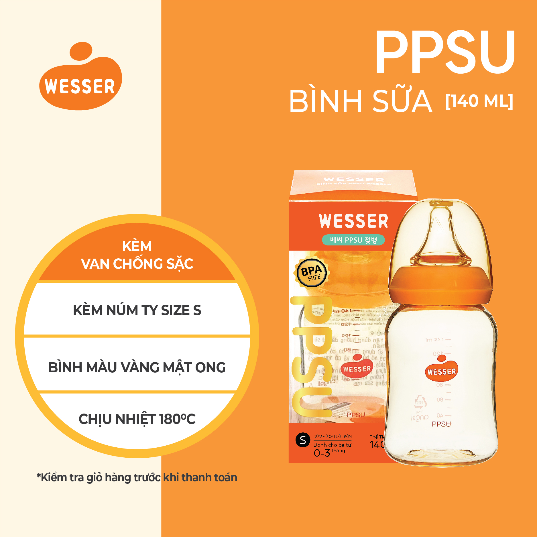Bình sữa cổ hẹp PPSU Wesser 60ml/140ml/250ml ( BAO BÌ MỚI )