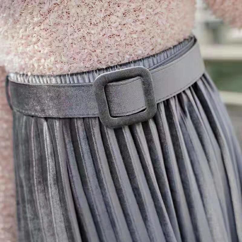 Chân Váy Nhung Xếp Li Dáng Dài Kèm Đai Sang Chảnh