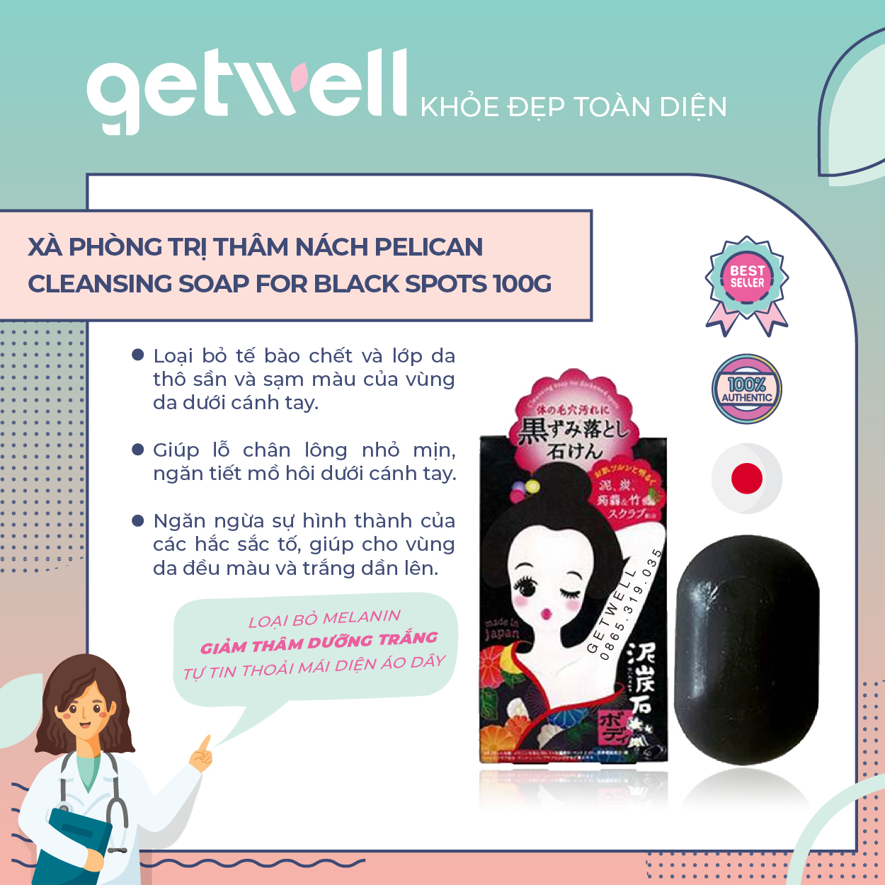 Xà Phòng Cải Thiện Thâm Nách Pelican nội địa Nhật Bản Cleansing Soap For Black Spots 100g