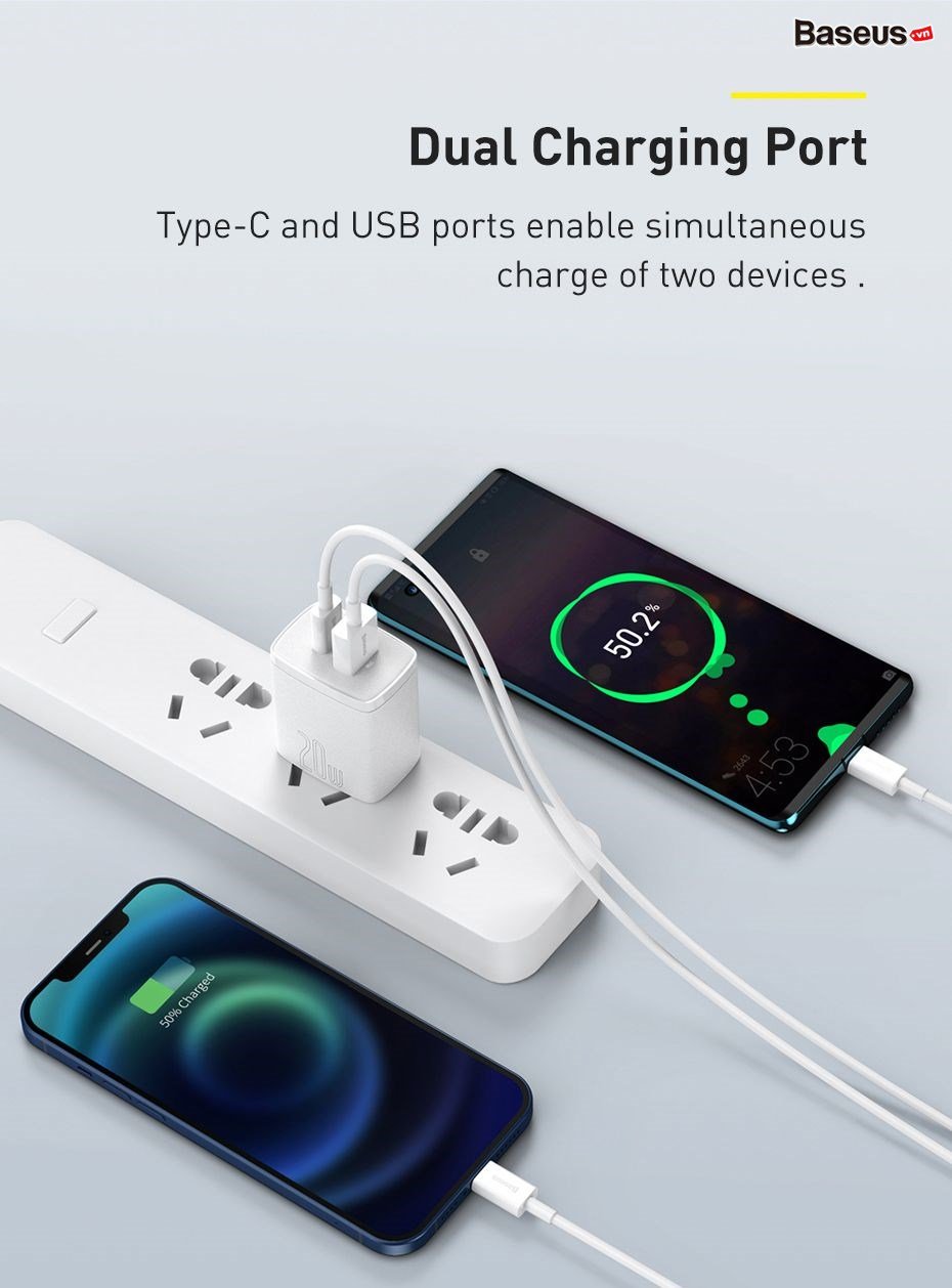 Củ sạc nhanh Baseus Compact Quick Charger PD 20W ( USB + Type C Dual Port, QC 3.0 Multi Quick Charge Support ) chân cắm US