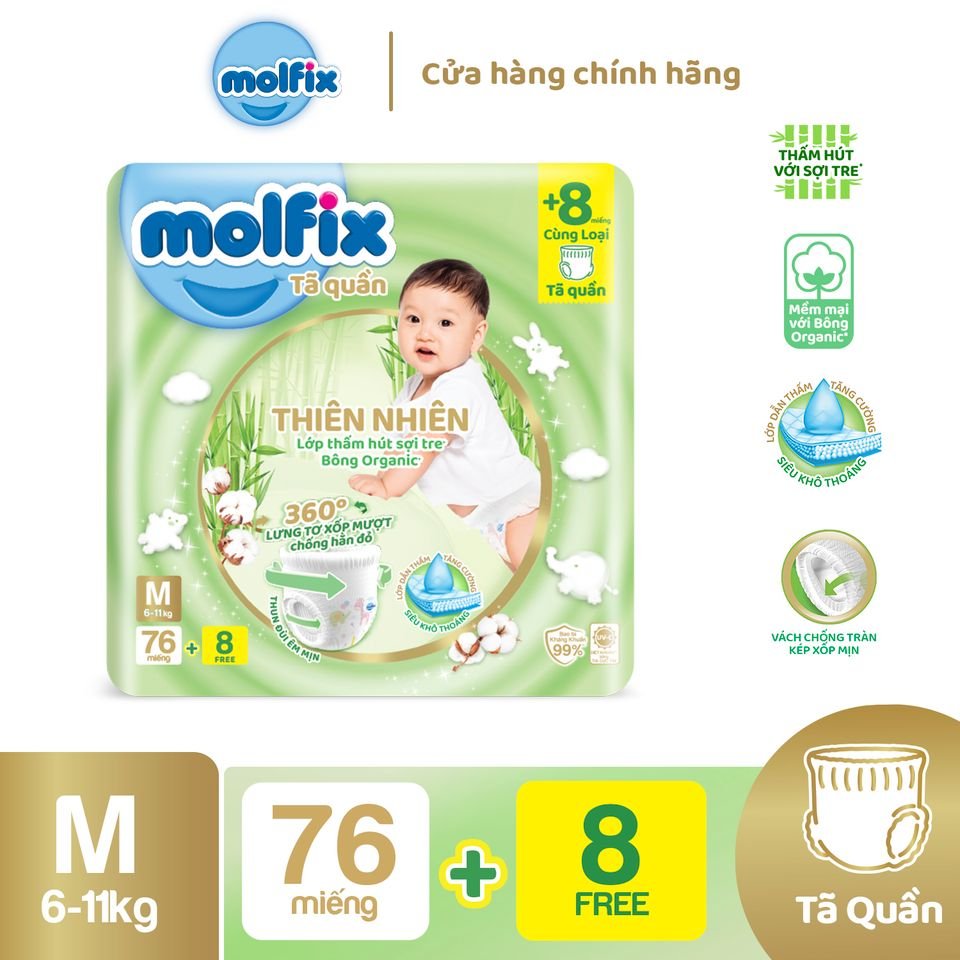 Tã/bỉm quần Molfix Thiên nhiên Ultra M - Gói 76+8 miếng