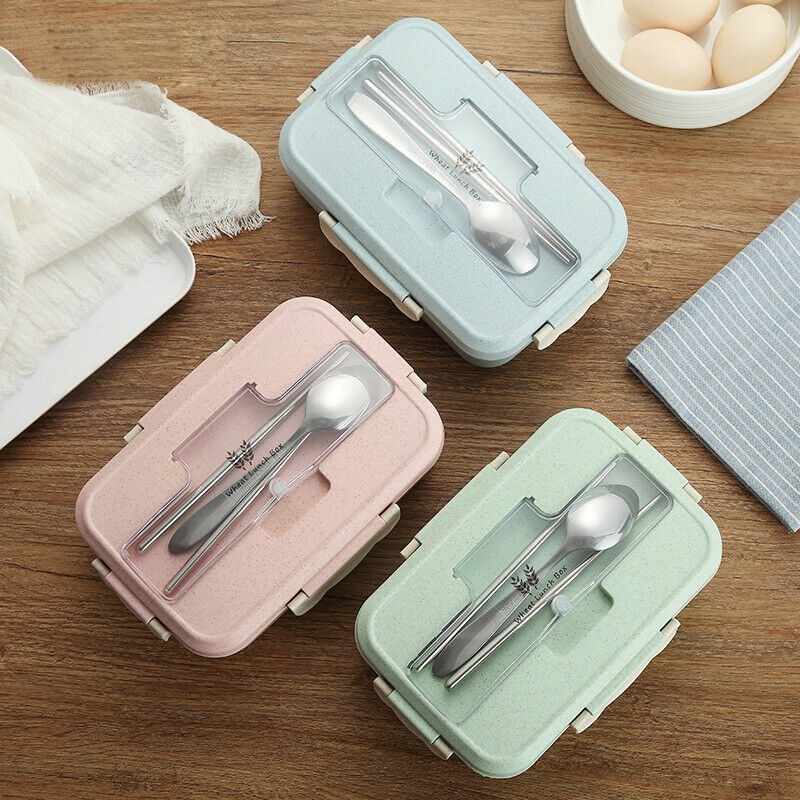 1 Hộp đựng thức ăn trưa Bento 1000ml Bộ thìa đũa Bộ đựng thực phẩm bằng rơm lúa mì