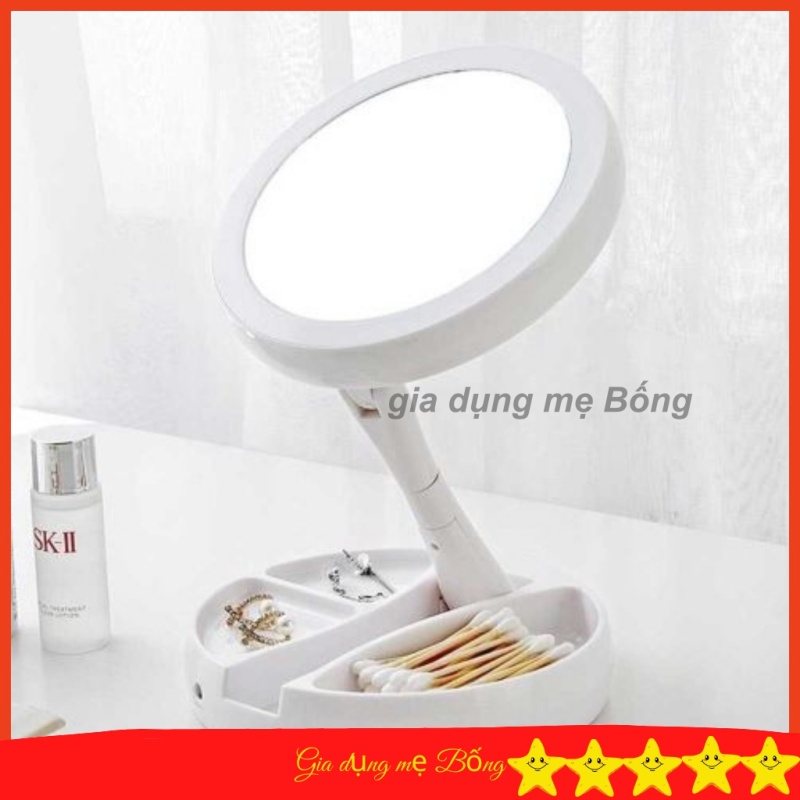 Gương trang điểm có đèn led chiếu sáng, có thể phóng đại 10 lần, gương tròn để bàn