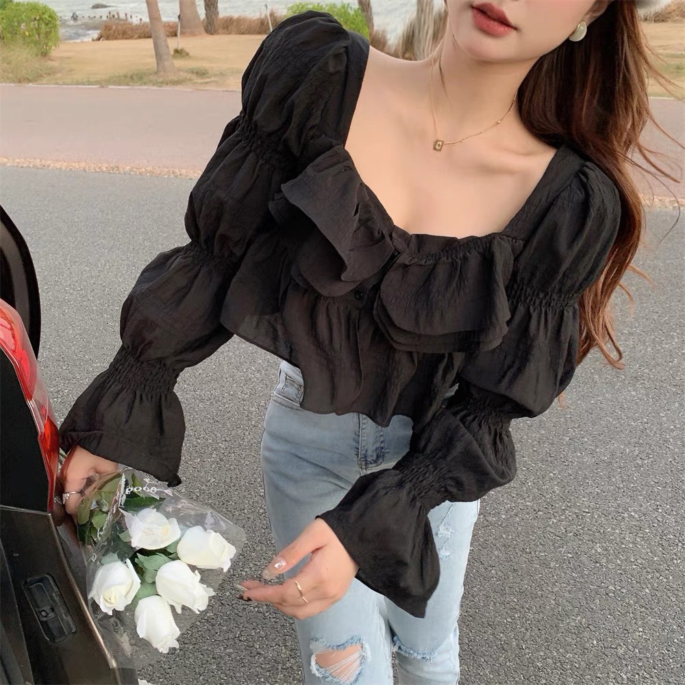 Áo kiểu croptop cổ vuông tay phồng PINKSTORE29 kiểu bánh bèo A5359