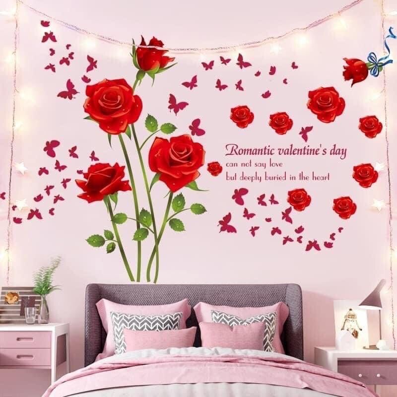 Decal dán tường hoa hồng đỏ ( combo 2 tranh) sẵn keo dán