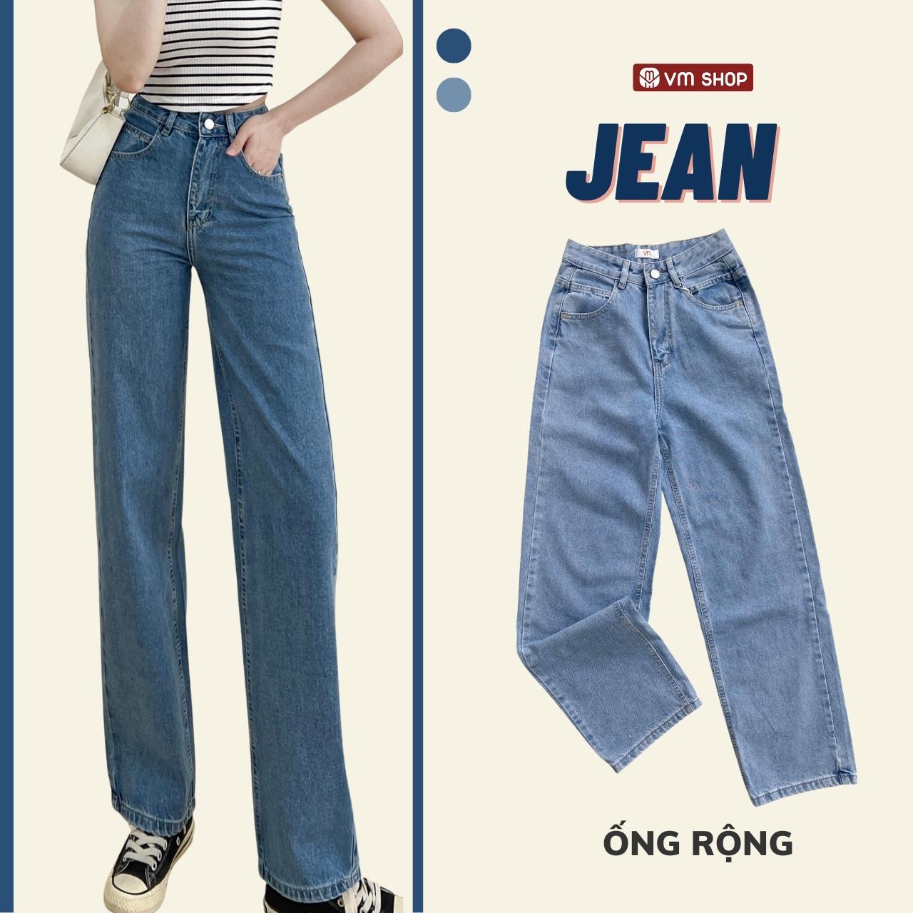 Quần jean nữ ống rộng VMSTYLE QJR00101 lưng cao trơn lai thường N110