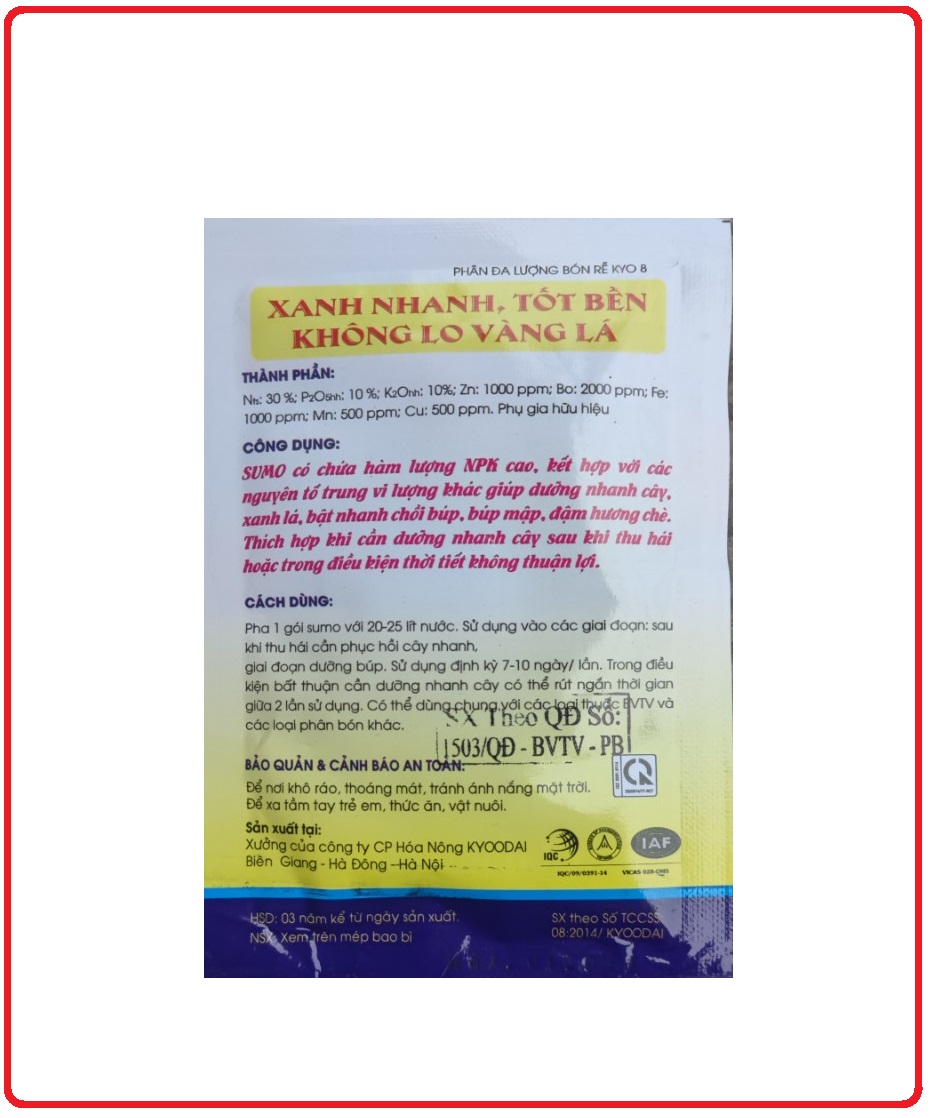 Phân bón NPK 30-10-10 nở bụi, xanh lá, mập cọng 40gr