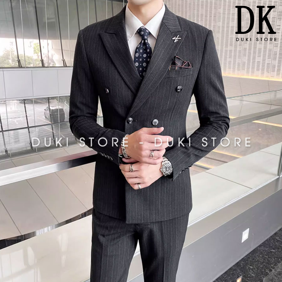 Bộ vest nam 6 nút sọc kẻ màu xám lịch lãm dke0084 - duki store