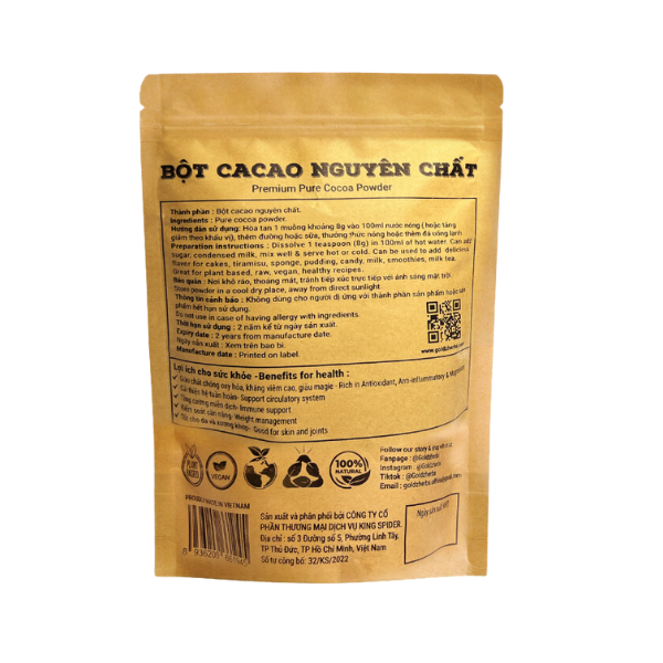 Bột cacao nguyên chất GoldzHerbs – 100% từ ca cao tự nhiên – Túi 500g