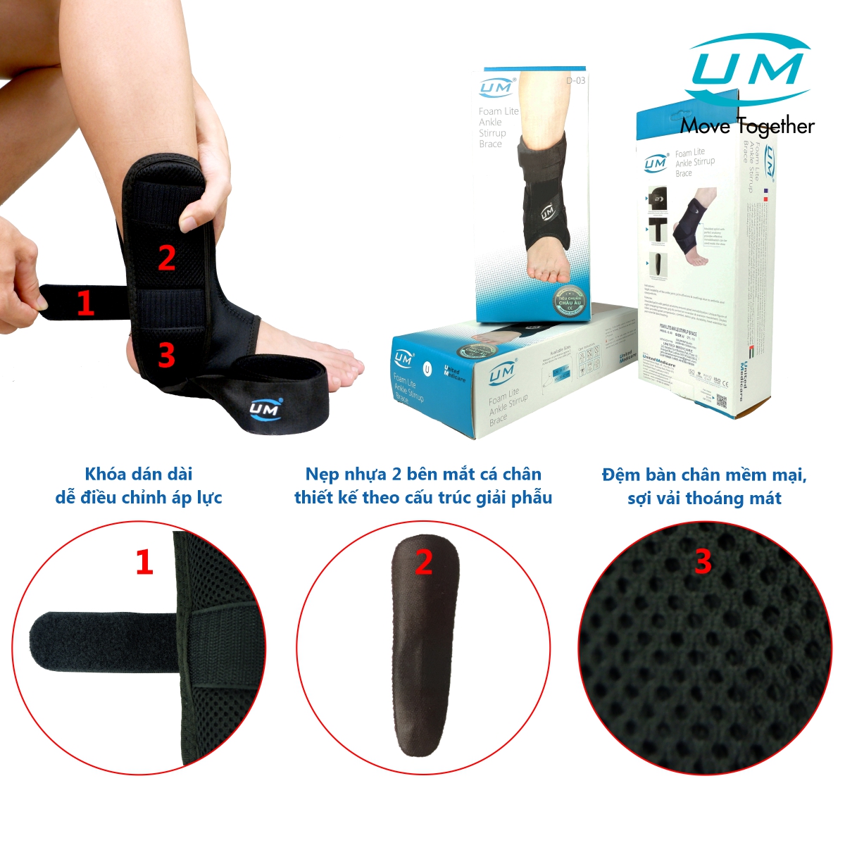 Nẹp cổ chân có đệm Unied Medicare (UM) D03