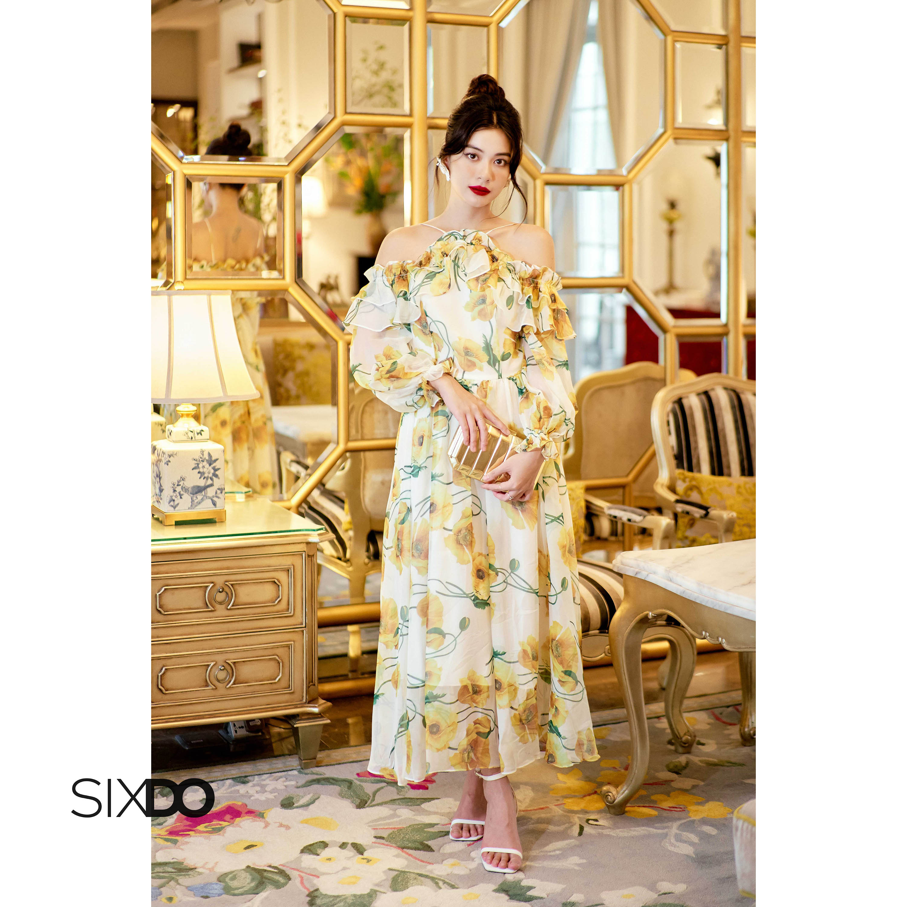 Đầm voan poppy hoa trễ vai SIXDO