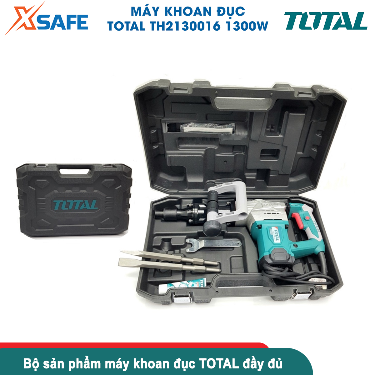Máy đục bê tông TOTAL TH2130016 | máy khoan đục công suất 1300W, tốc độ đập 3800 bpm, lực đập 20J bắn vít, đục tường, khoan bê tông