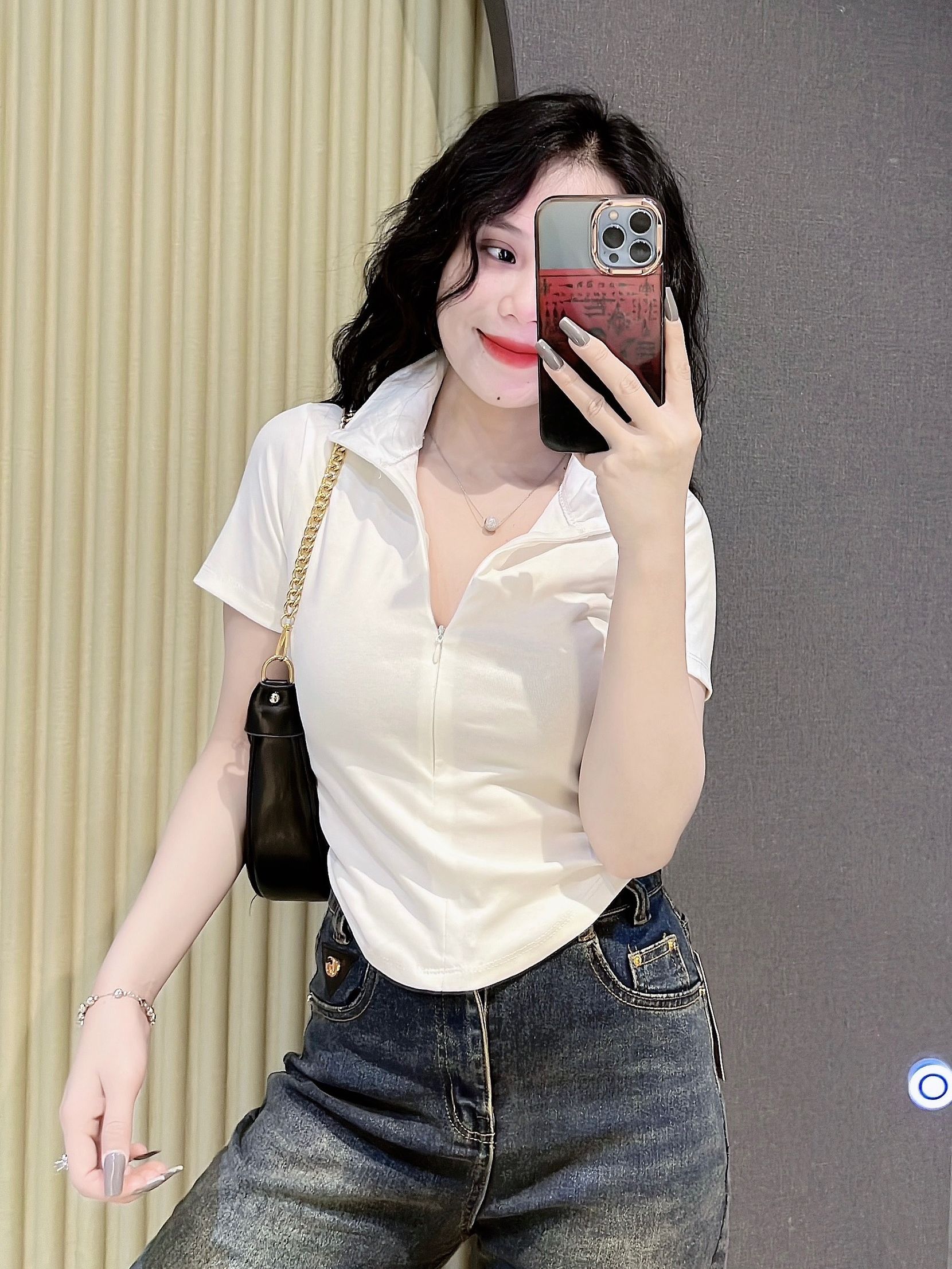 Áo thun ôm body nữ dáng ngắn cổ bẻ phối khoá kéo