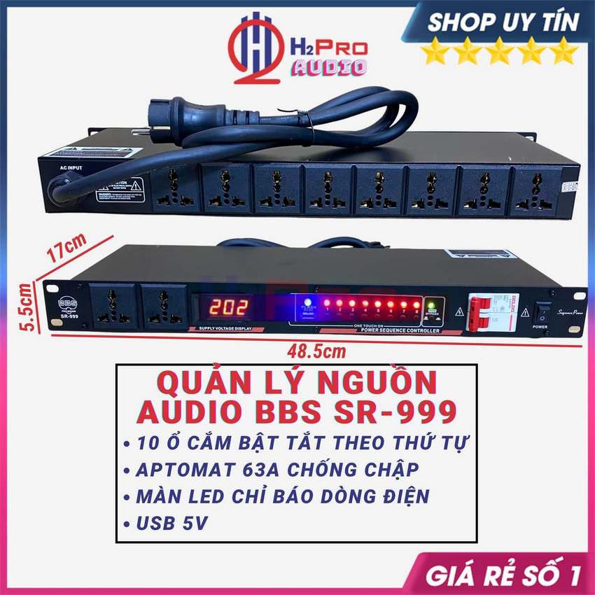 Bộ Quản Lý Nguồn Audio Bbs Sr-999 10 Ổ Cắm, Tắt - Bật Theo Thứ Tự, Có Aptomat Chống Chập Bảo Vệ Dàn Karaoke -H2Pro Audio