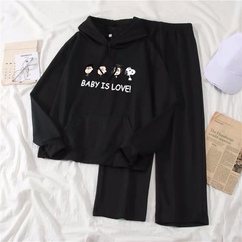 Sét áo hoodie mặt người tóc rối babyis love kèm quần ống rộng