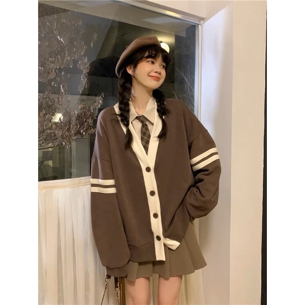 Áo Khoác Cardigan 2 Sọc Tay XÁM ĐEN NÂU Form Rộng Nữ