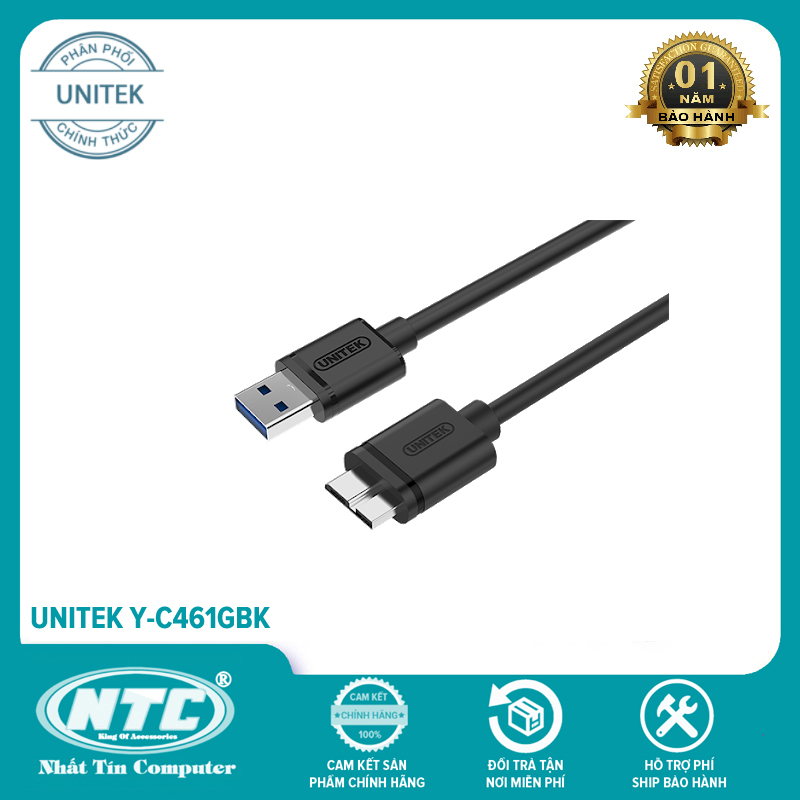 Cáp tín hiệu USB sang microB Unitek Y-C461GBK dài 1m - dùng cho ổ cứng di động hoặc thiết bị có cổng micro B (Đen)